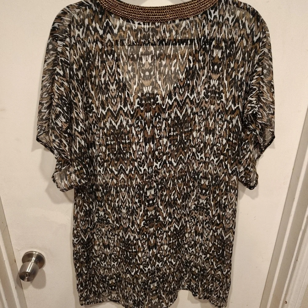 Badgley Mischka Women's Beaded V-Neck Sheer Chiffon Swim Beach Cover Up Sz M
